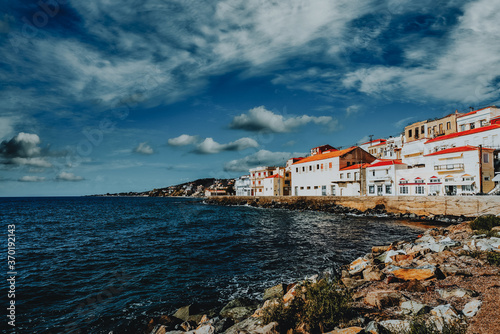 Scenic coastal village of Plomari (Plomarion) on beautiful island Lesvos (Lesbos) in Greece.