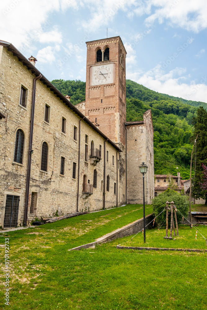 View on the bell tower of the town of Follina, Veneto - Italy