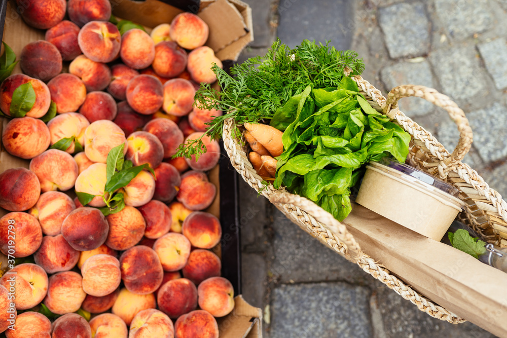 Straw bag or basket with healthy fresh organic vegetables. Harvest concept. Straw bag or basket with healthy fresh organic vegetables. Harvest concept.
