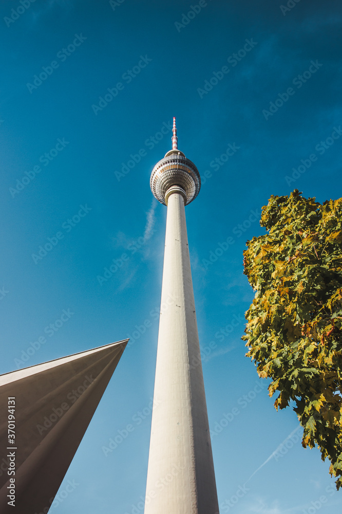 Obraz premium Perspective view up of the famous TV tower in Berlin, Germany.