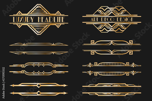 Set of Art deco page headers. Patterns, ornaments in artdeco style. 1920s vintage gold dividers, old header graphic elements, geometric vignettes decoration for design.