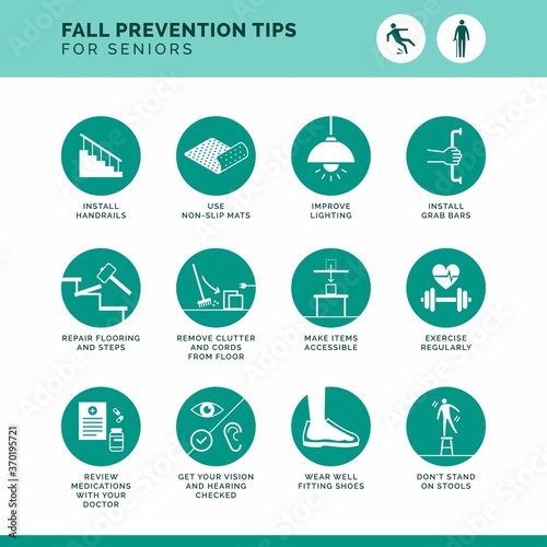 Senior fall prevention tips icons set