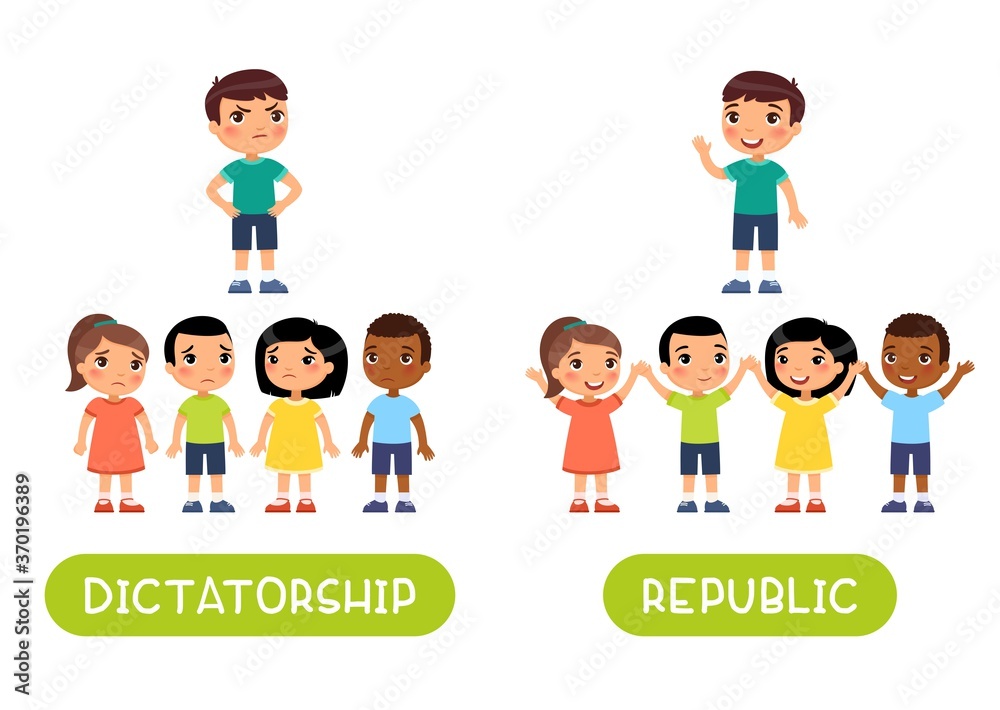 Dictatorship and republic antonyms word card vector template. Opposites concept. Flashcard for english language learning. Sad children and a dictator ruler, joyful children and a republican ruler.