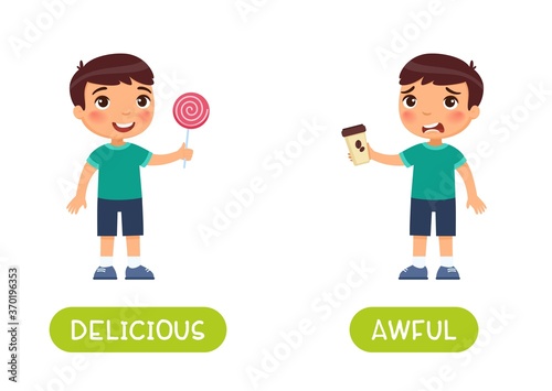 Delicious and awful antonyms word card vector template. Flashcard for english language learning. A joyful boy holds a sweet lollipop, an unhappy boy holds bitter coffee in his hands.