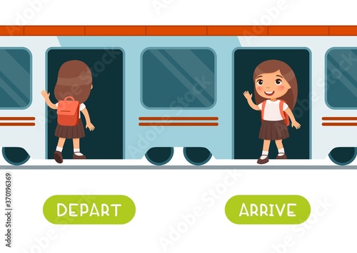 Depart and arrive antonyms word card vector template. Flashcard for english language learning. A little schoolgirl gets on the train and sets off. A happy child gets out of the train carriage.