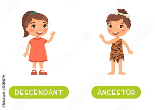 Descendant and ancestor antonyms word card vector template. Flashcard for english language learning. Opposites concept. A little girl in the image of an ancient man, a modern child.