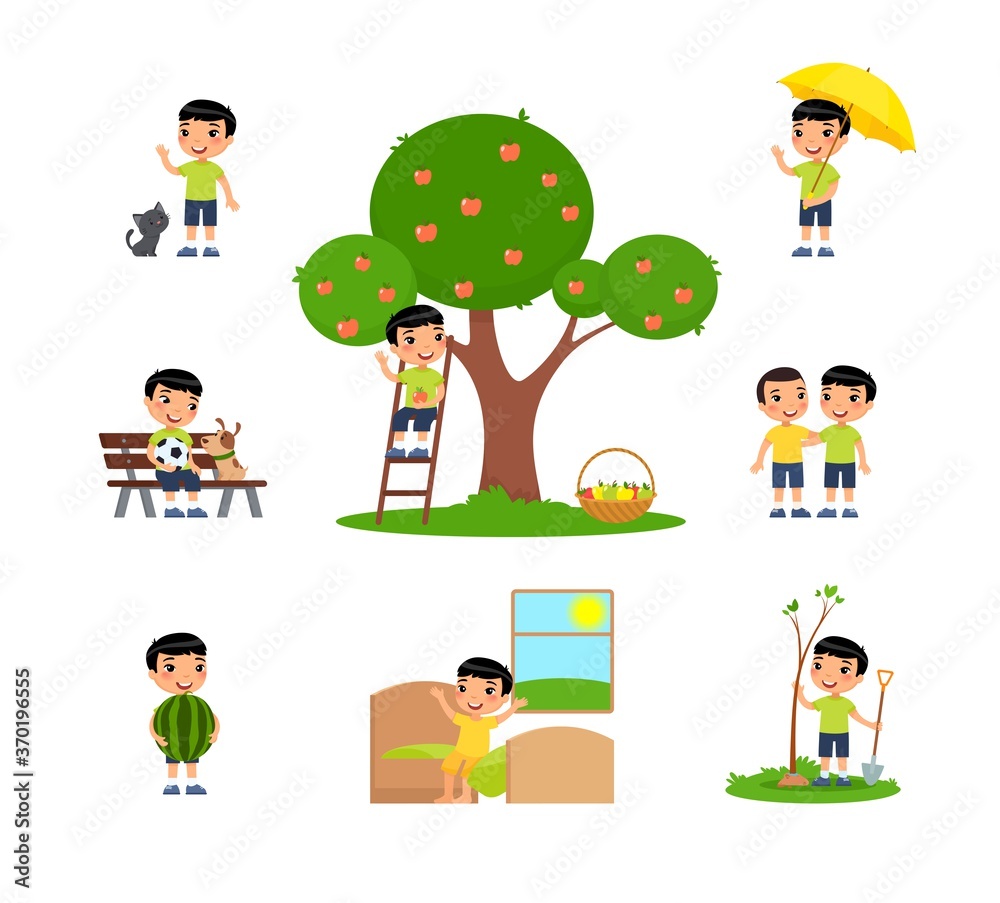 Little asian boy is spending time in the countryside. The concept of summer fun. Village holiday, harvesting. Cartoon character, set of flat vector illustrations Little asian boy is spending time in the countryside. The concept of summer fun. Village holiday, harvesting. Cartoon character, set of flat vector illustrations