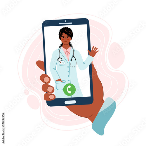Hand holds a phone with a with a doctor’s contact. Online consultation doctor concept. Medical diagnostics over the Internet. Vector illustration in flat style.