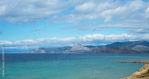  Panorama of the seascape. Mountains sky and sea. Beauty in nature. Copy space for text.