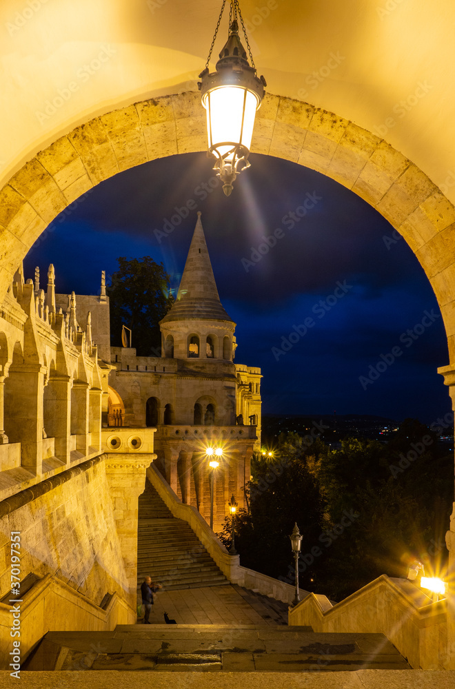 Fisherman's bastion in Budapest at night dring blue hour with the lights on