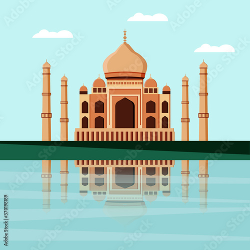 Taj Mahal. A white marble mosque mausoleum located in Agra, India, on the banks of the Yamuna River in Agra.