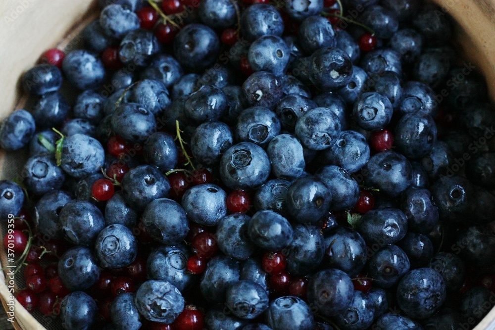 Fresh blueberries and red currants on the table Fresh blueberries and red currants on the table
