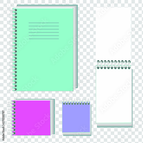 Vector realistic illustration of notebooks on a spiral. Isolated objects. Notebooks for notes. Notebooks for school and office.