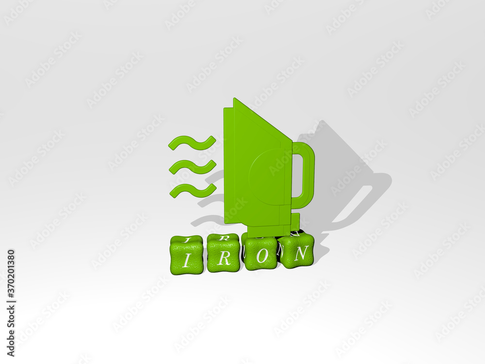 3D representation of IRON with icon on the wall and text arranged by metallic cubic letters on a mirror floor for concept meaning and slideshow presentation. background and old 3D representation of IRON with icon on the wall and text arranged by metallic cubic letters on a mirror floor for concept meaning and slideshow presentation. background and old