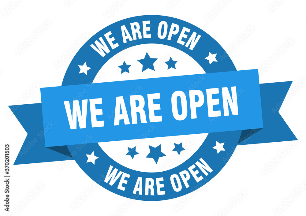 we are open round ribbon isolated label. we are open sign