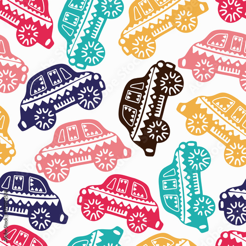 Vector seamless colorful non directional pattern of ornamental cars on white