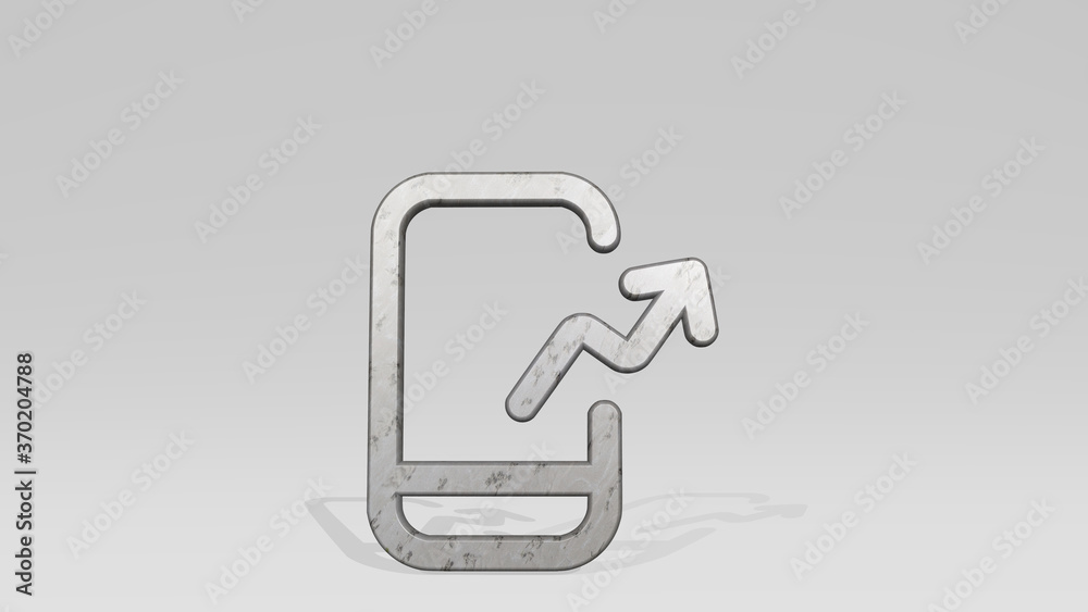 PERFORMANCE PHONE INCREASE casting shadow with two lights. 3D illustration of metallic sculpture over a white background with mild texture. editorial and business PERFORMANCE PHONE INCREASE casting shadow with two lights. 3D illustration of metallic sculpture over a white background with mild texture. editorial and business