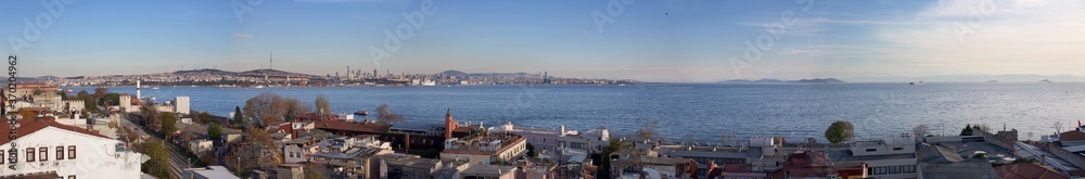 ISTANBUL,TURKEY-MARCH 27,2020: Panoramic view from Galata Tower to city of Istanbul, Turkey