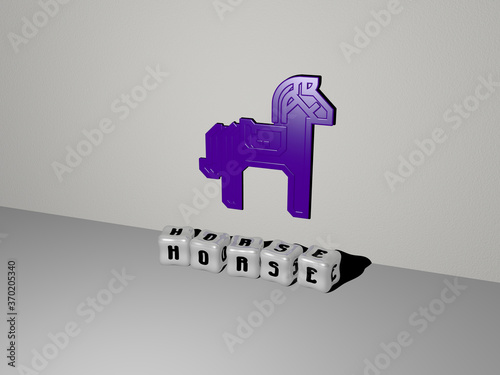 3D graphical image of horse vertically along with text built by metallic cubic letters from the top perspective  excellent for the concept presentation and slideshows. animal and illustration