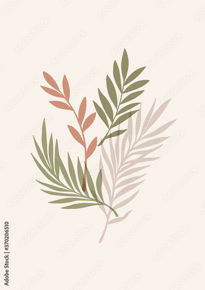 Abstract vector poster with greenery, branches and leaves. Contemporary art. Botanical artwork in modern style in warm colors. Summer vibes. Perfect for print, poster, social media, cards, ig stories