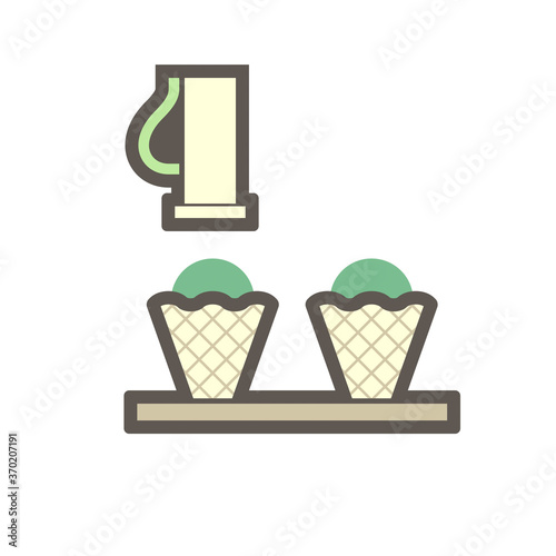 Machine fill ice cream in cone in food processing production vector icon design on white background.