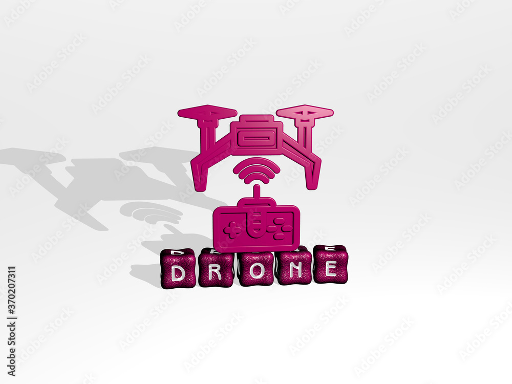 3D illustration of DRONE graphics and text made by metallic dice letters for the related meanings of the concept and presentations. aerial and view 3D illustration of DRONE graphics and text made by metallic dice letters for the related meanings of the concept and presentations. aerial and view