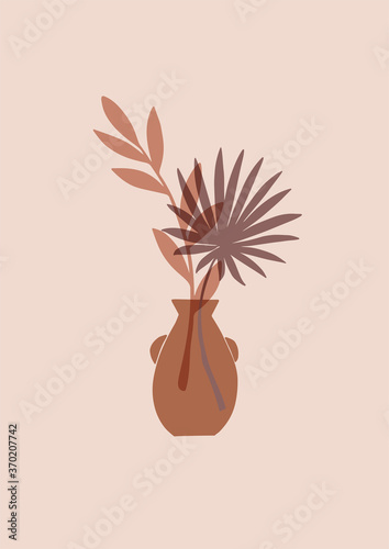 Abstract vector poster with vase and tropical branches and leaves. Contemporary art. Botanical artwork in modern style in warm colors. Summer vibes. Perfect for print, poster, social media, cards