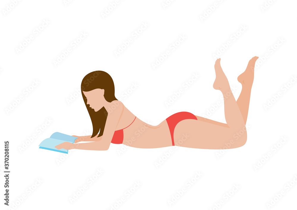 Girl is lying on a beach and reading a book vector. Young woman in red bikini vector. Summertime woman lying on her stomach icon isolated on a white background