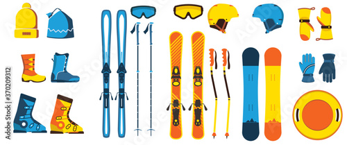 Ski gear and equipment vector illustration. Hats, boots, skis, snowboards, helmets, poles, mittens, sled. Snow winter sports.