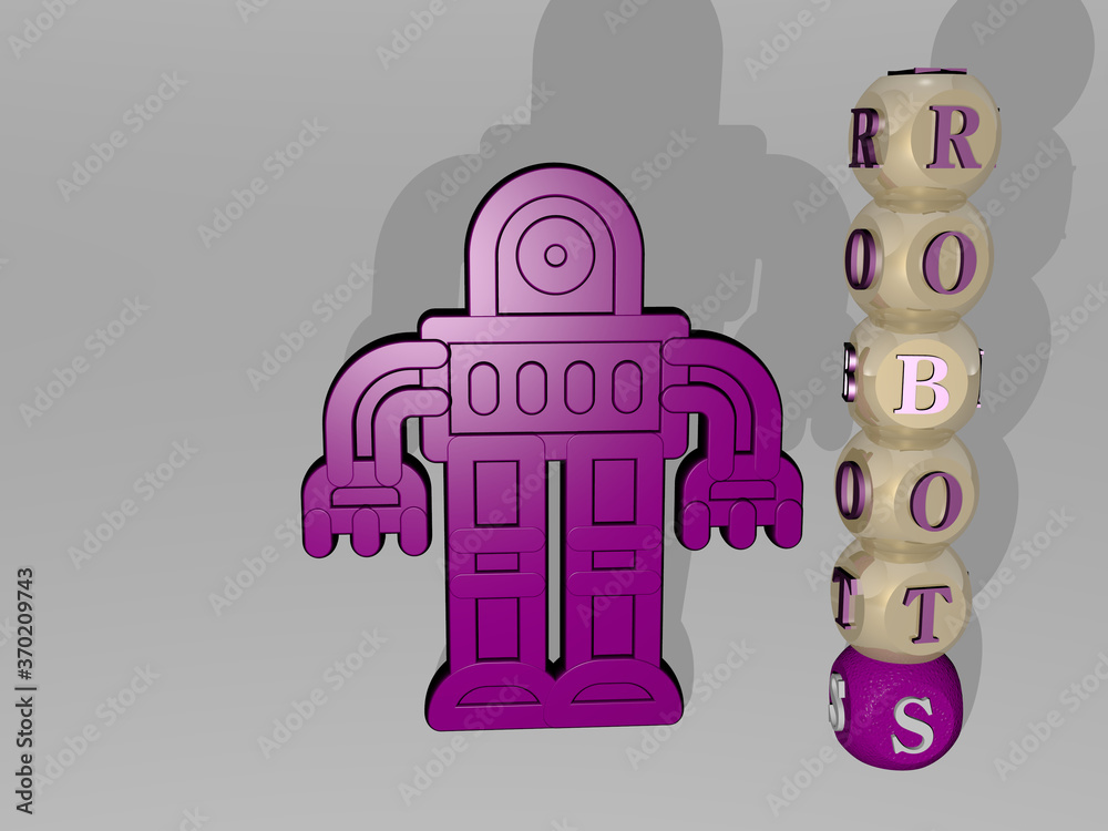 3D graphical image of ROBOTS vertically along with text built around the icon by metallic cubic letters from the top perspective. excellent for the concept presentation and slideshows. illustration 3D graphical image of ROBOTS vertically along with text built around the icon by metallic cubic letters from the top perspective. excellent for the concept presentation and slideshows. illustration