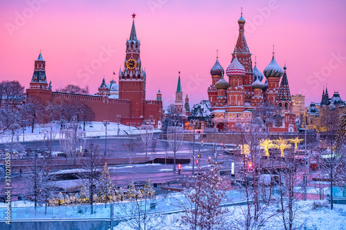 Moscow on the background of the morning sky. Russia in winter. The Kremlin against a pink sky. Sunset in Moscow. The desert capital of Russia. Kremlin. St. Basil's Cathedral.