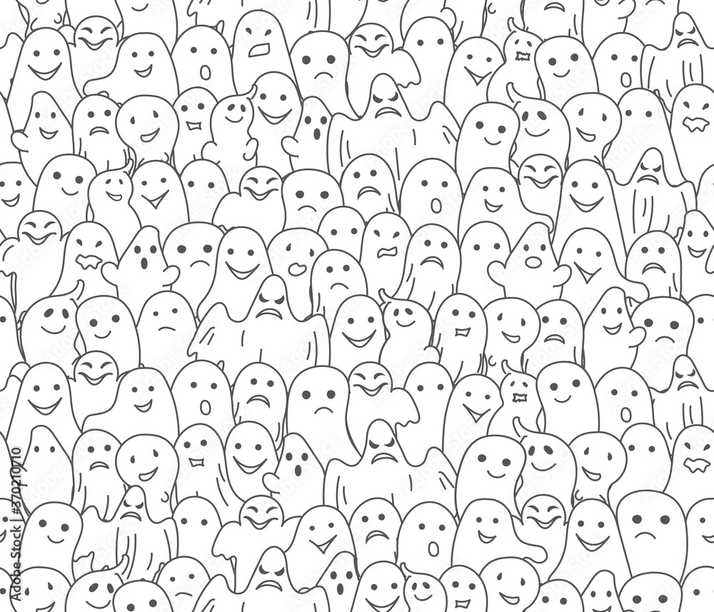 Halloween background seamless pattern with line drawn ghosts with assorted expressions in square format for print or wallpaper, vector illustration