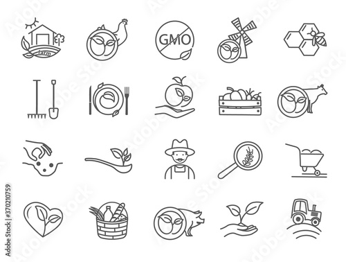 Black and white icons of assorted organic products with designs incorporating leaves, a farmer, tractor, planting, no GMO, and livestock, vector design elements