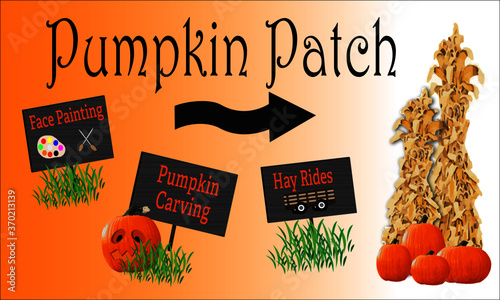 Halloween Pumpkin Patch Sign with Corn Stalks, pumpkins, hayride sign with hay trailer, pumpkin carving, and face painting sign