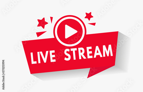 Red live video stream vector icon button for news broadcast. Social media video channel logo in flat style for online stream lower third bar overlay element. V1
