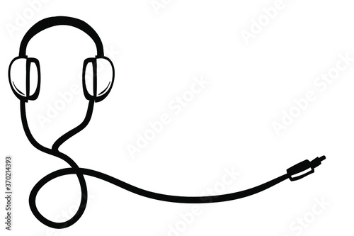Vector Wired Headphone, with copy or negative area, for text placement, Simple Doodle Hand Draw Sketch 
