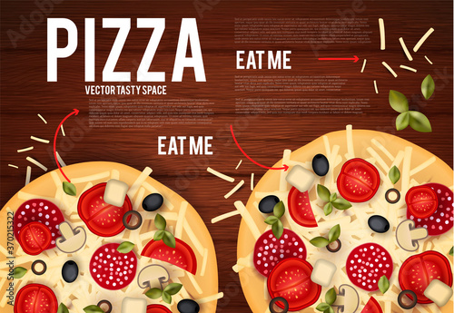 Tasty pizza with tomatos, wurst, olive, mushrumes and cheese on wood texture. Top view.