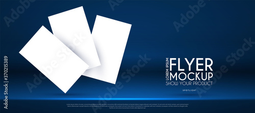 Realistic flying business cards, posters and flyer mockup with 3D empty scene. Paper blanks and light effect.