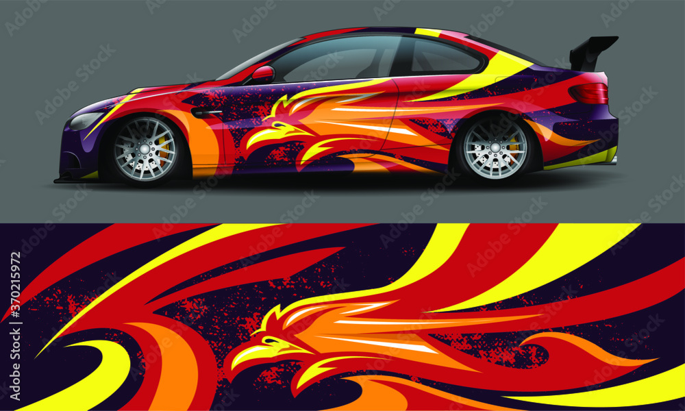 racing car with flames phoenix bird