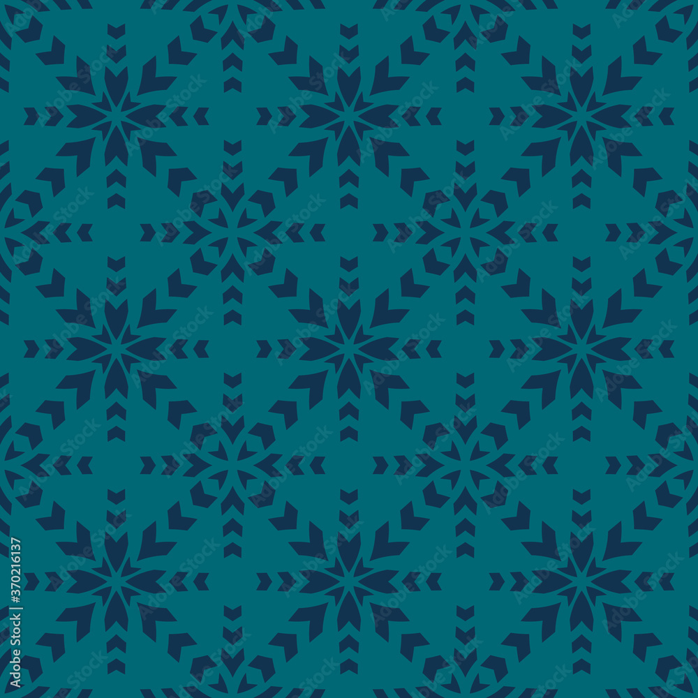 Vector geometric seamless pattern. Abstract ethnic texture with ornamental grid, mesh, lattice, cross shapes. Dark blue and teal color. Folk style ornament background. Repeat design for textile, print