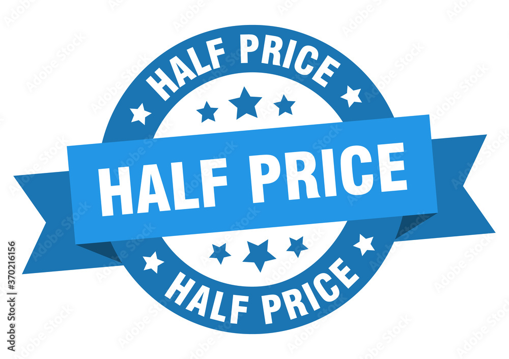 half price round ribbon isolated label. half price sign half price round ribbon isolated label. half price sign