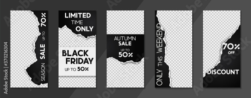 Set of sale, website store banner templates. Banners for online shopping. Editable Instagram Stories template with torn paper. Vector illustrations for posters and newsletter designs, ads photo