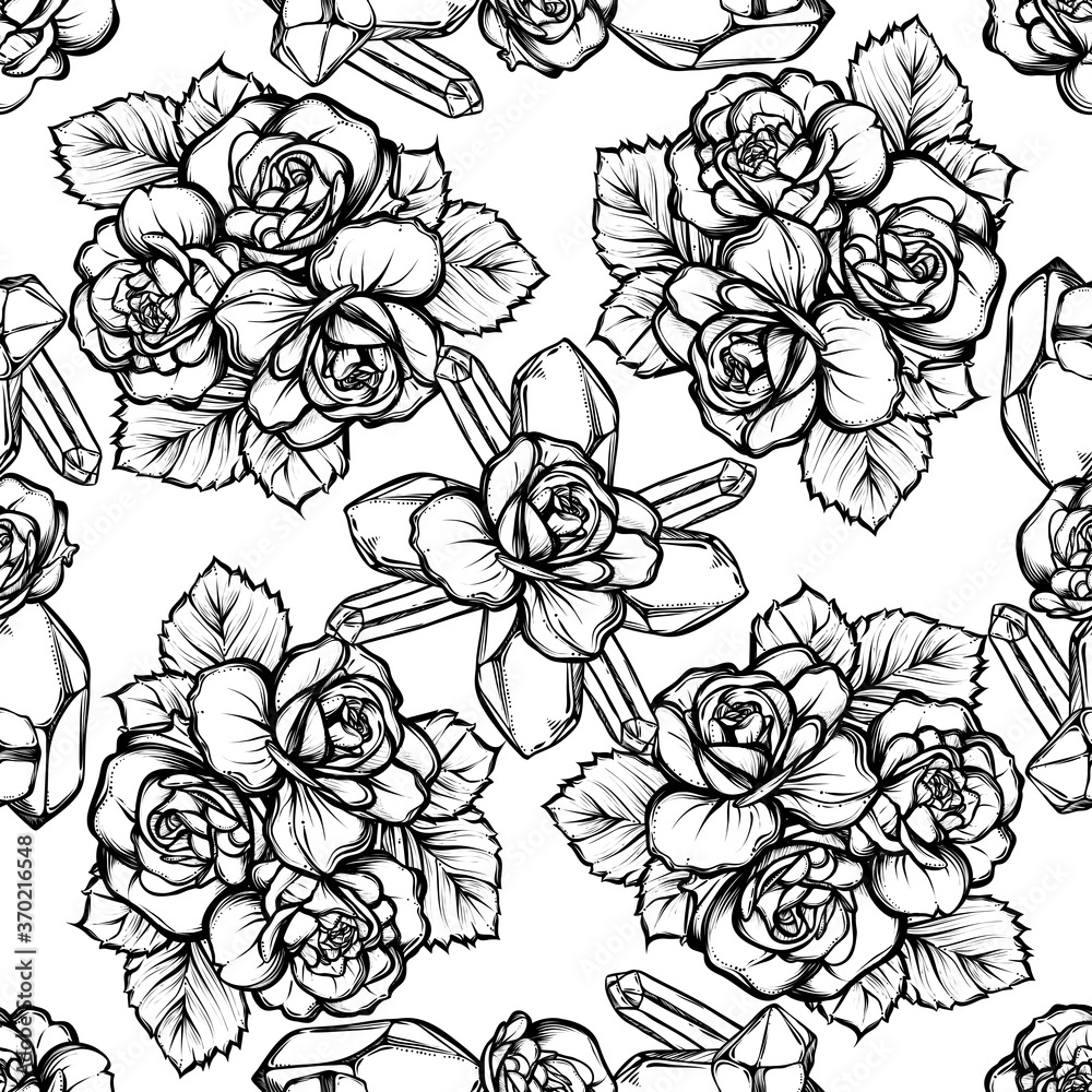 Obraz premium Vector illustration, mysticism. crystals, bouquet of roses,seamless pattern,light background. Handmade, prints on T-shirts