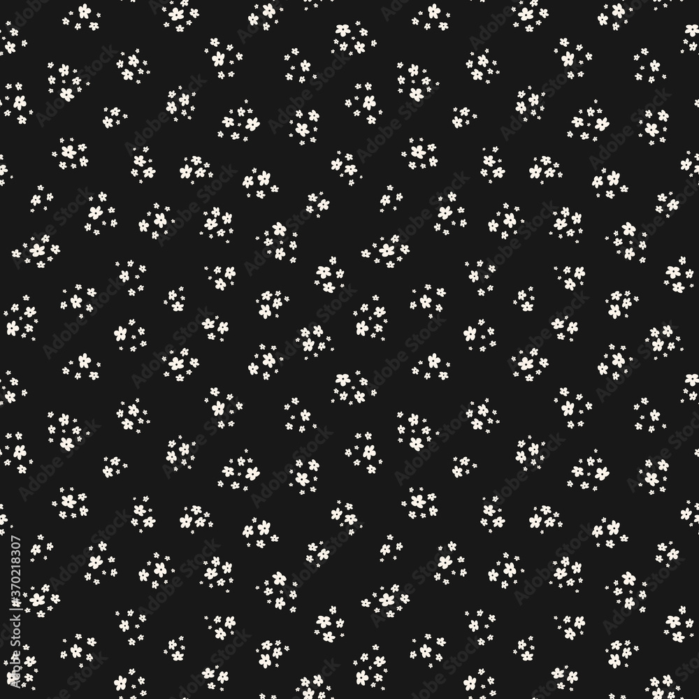 Simple vector black and white seamless pattern with small flowers. Elegant abstract floral background. Ditsy ornament. Tiny scattered flower. Dark minimal repeat design for fabric, wallpapers, print