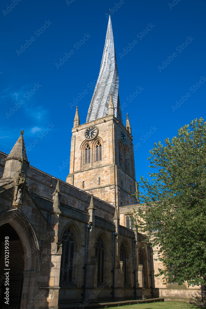 The twisted spire of the Church of St Mary and All Saints, Chesterfield, Derbyshire, UK