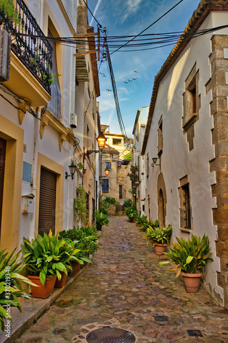 Tossa de Mar. Spain:08-08-2020: The typical streets with plants in the town Tossa de Mar. Costa brava (Catalonia)