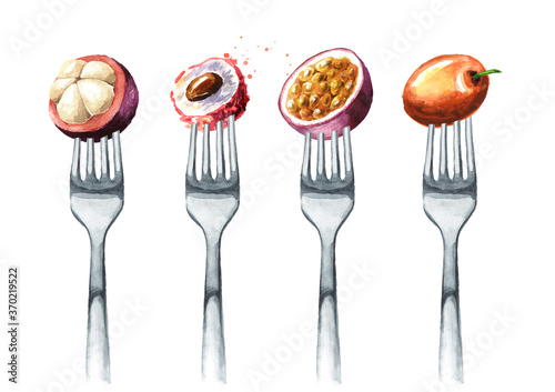 Tropical mangosteen, jujube, lychee, passion fruit on on a fork. Concept of diet and healthy eating. Hand drawn watercolor illustration isolated on white background