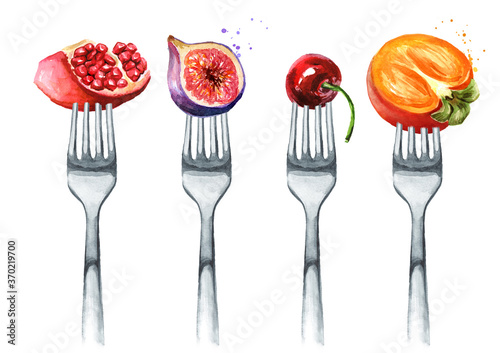 Pomegranate, Fig, cherry, persimmon on a fork. Concept of diet and healthy eating. Hand drawn watercolor illustration isolated on white background