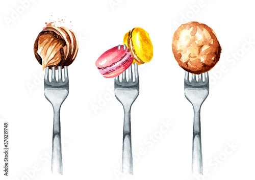 Sweet dessert, cookies and chocolate candy on a fork. Concept of diet and healthy eating. Hand drawn watercolor illustration isolated on white background