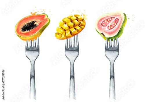 Tropical papaya guava, mango on a fork. Concept of diet and healthy eating. Hand drawn watercolor illustration isolated on white background